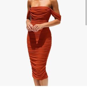 PRETTYGARDEN women’s ruched bodycon orange midi dress